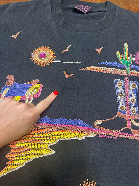 Vintage 80s Black Western Desert Scene Gem T-Shirt (2X+)