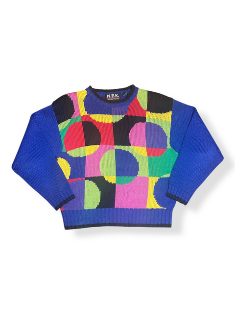 Vintage 90s Blue Knit Rainbow Circles Sweater (M)