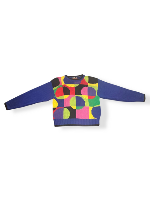 Vintage 90s Blue Knit Rainbow Circles Sweater (M)