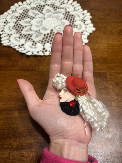Vintage 80s Lady Face Brooch w/ Red Hat & White Curly Hair