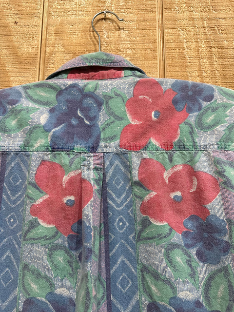 Vintage 80s Faded Blue Floral Patterned Button-Up Shirt (M)