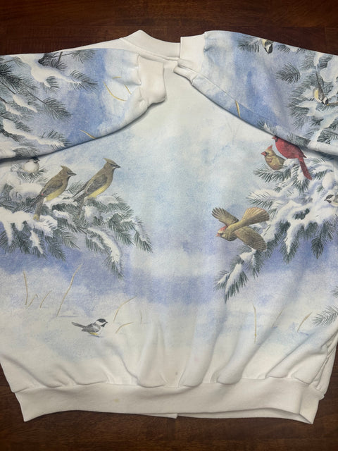 Vintage 90s Bird Print Winter Scene Sweatshirt (S/M)