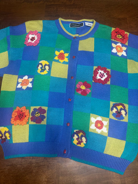 Vintage Checkered Floral Ladybug Knit Sweater (2; S/M)
