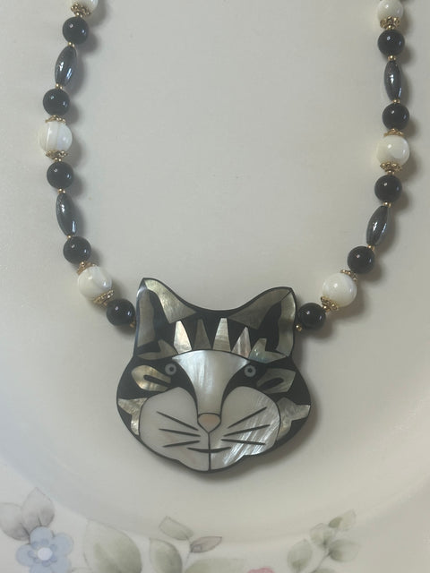 Lee Sands Mother of Pearl Cat Pendant Necklace