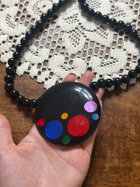 Vintage 80s Black Modernist Colorful Dot Pendant Statement Necklace