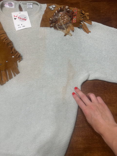 Vintage 80s Deadstock 'Le Top' Fringe Suede Embellished Hardware Sweater (M)