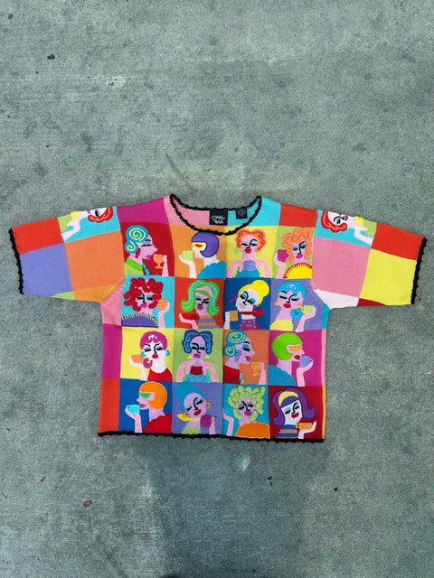 ☕Vtg 90s 'Tea Party' Lady Faces Colorblock Knit Statement Sweater (S/M)