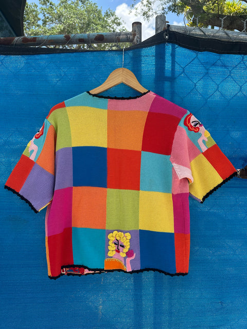 ☕Vtg 90s 'Tea Party' Lady Faces Colorblock Knit Statement Sweater (S/M)