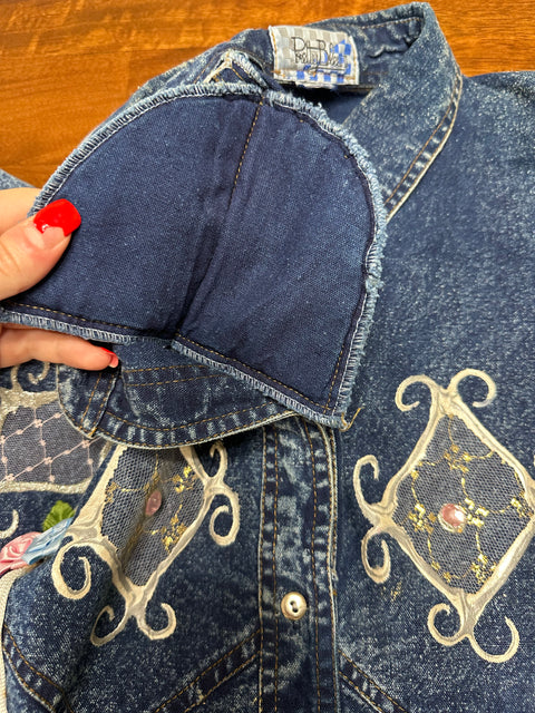 Vintage 80s/90s Acid Wash Denim Embellished Shirt (~XL)