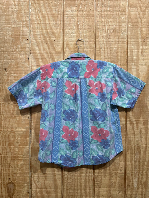 Vintage 80s Faded Blue Floral Patterned Button-Up Shirt (M)