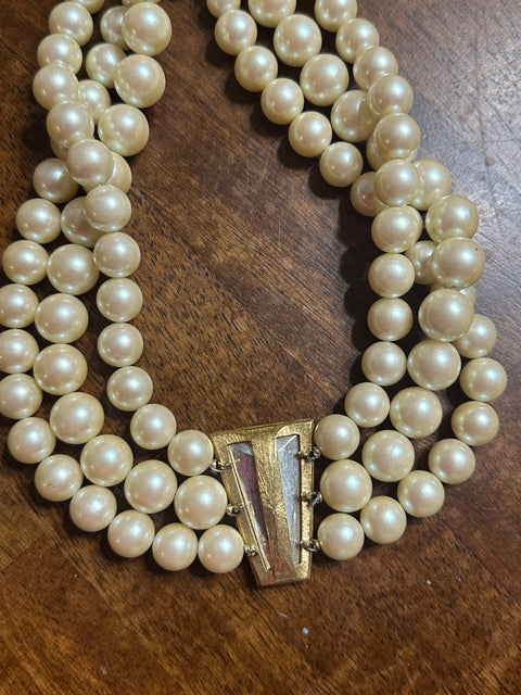 Vintage Richelieu Triple Strand Pearl Choker w/ Pink Gem Center