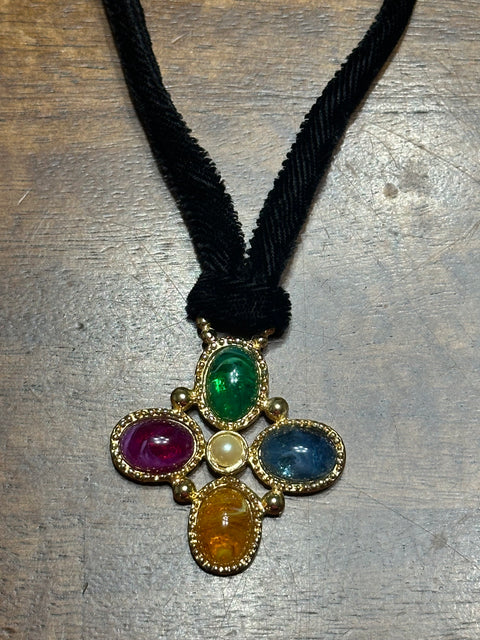 Vintage 90s Black Velvet Cord Necklace w/ Multicolor Jewel Cross Pendant