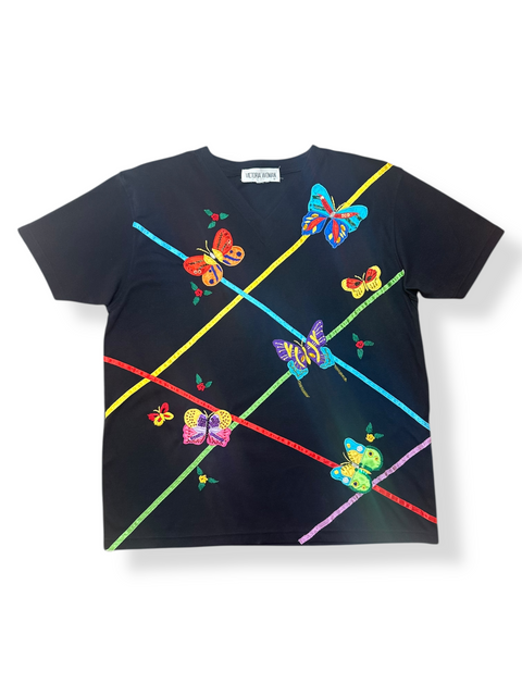 Vintage Black Rainbow Butterfly Applique T-Shirt (~L)