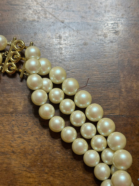 Vintage Richelieu Triple Strand Pearl Choker w/ Pink Gem Center