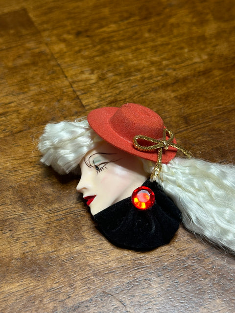 Vintage 80s Lady Face Brooch w/ Red Hat & White Curly Hair