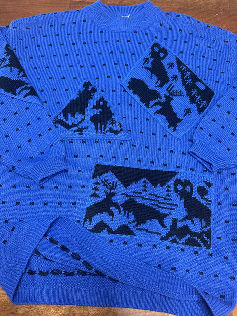 Vintage 80s/90s Royal Blue Animal Wilderness Scenes Sweater (M)