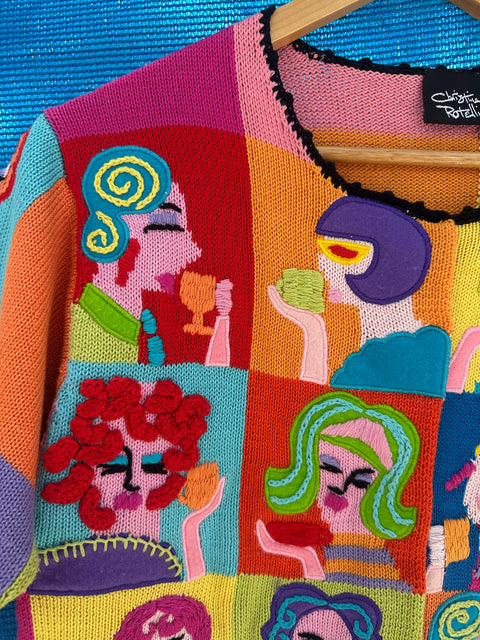 ☕Vtg 90s 'Tea Party' Lady Faces Colorblock Knit Statement Sweater (S/M)
