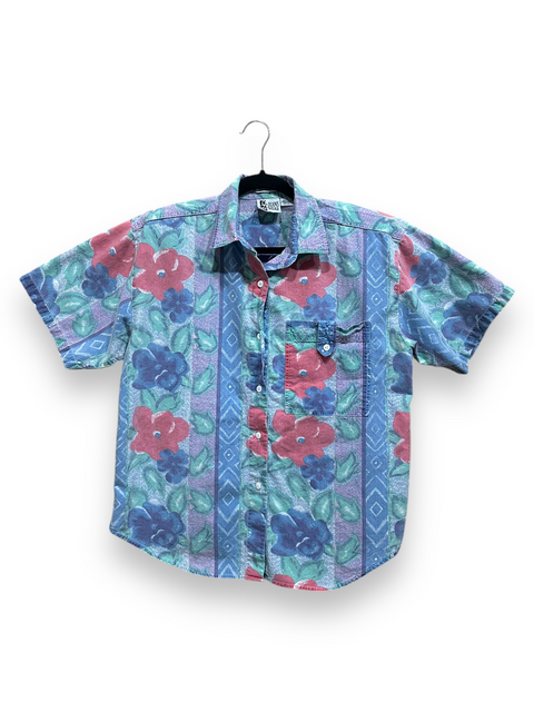 Vintage 80s Faded Blue Floral Patterned Button-Up Shirt (M)