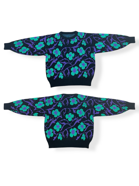 Vintage 80s Teal/Purple Floral Black Sweater (~S)