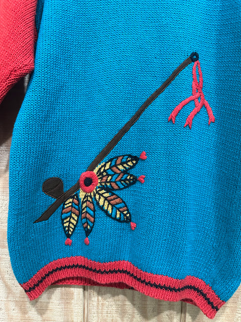 Vintage Aztec Applique Chunky Knit Cardigan Sweater (M)