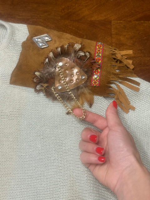 Vintage 80s Deadstock 'Le Top' Fringe Suede Embellished Hardware Sweater (M)