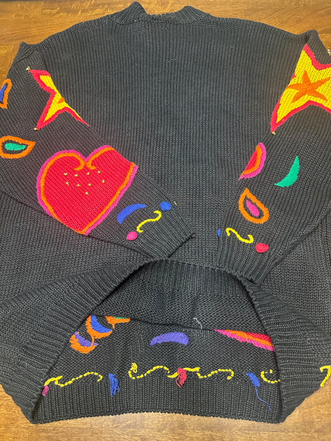 Vintage 80s Rainbow Stars & Hearts 3D Knit Statement Sweater (L, XL+)