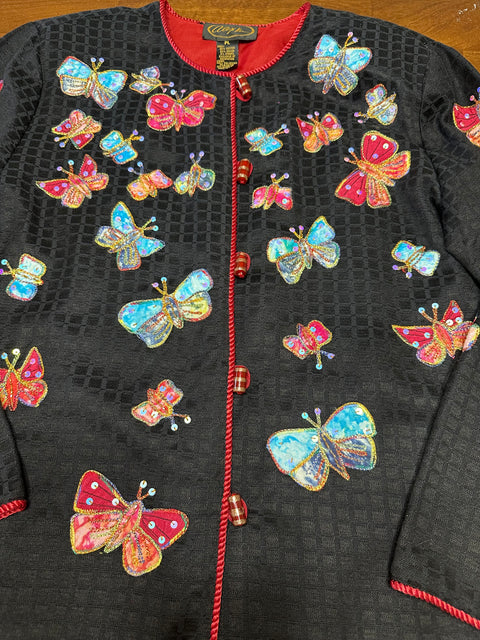 Vintage Black Butterfly Sequin Applique Blazer Jacket (S/M)