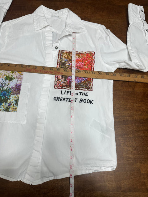 "Life is the Greatest Book" Patchwork Button-Up Shirt (XS/S)