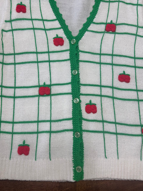 Vintage White Green Apple Grid Knit Cardigan (~S)