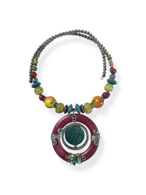 Colorful Artsy Wrap-Style Boho Pendant Choker Necklace