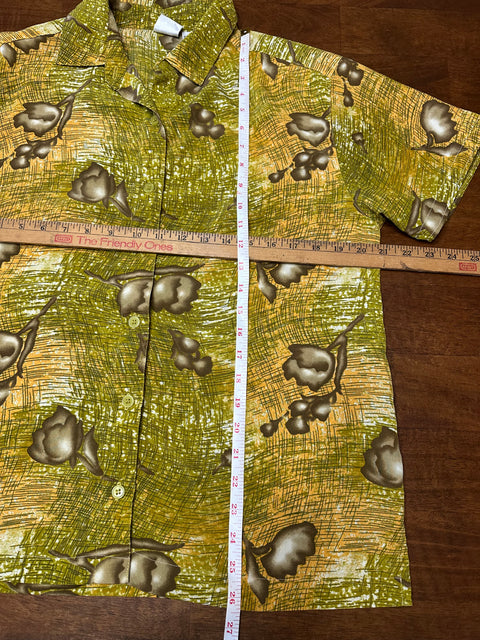 Vintage 80s Sheer Mustard Yellow Abstract Patterned Button-Up (M)