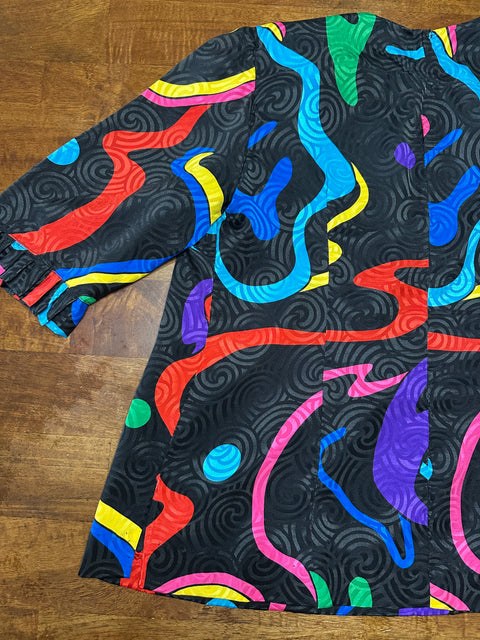 Vintage 80s Black Rainbow Swirly Abstract Blouse (~S)
