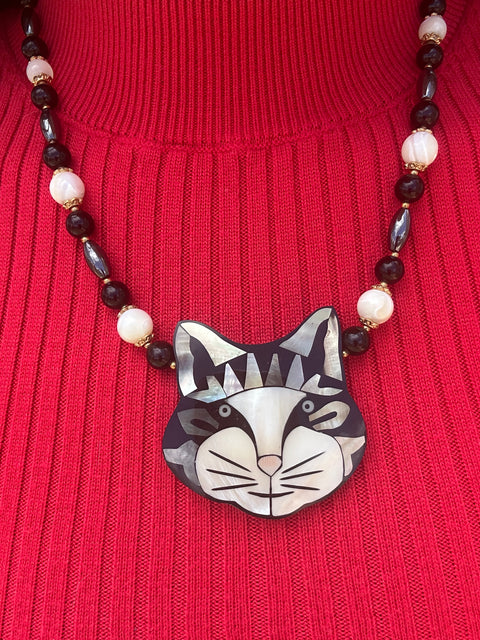 Lee Sands Mother of Pearl Cat Pendant Necklace