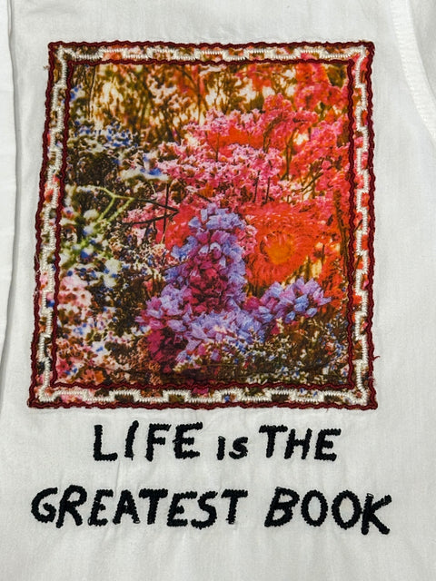 "Life is the Greatest Book" Patchwork Button-Up Shirt (XS/S)