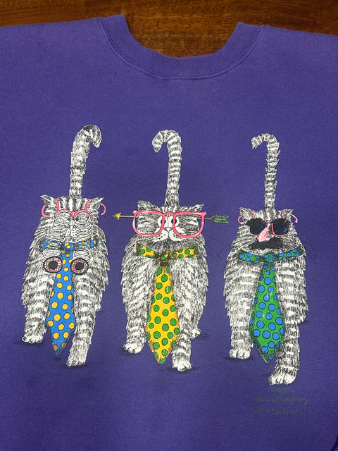 Vintage 90s Purple Cat Sweatshirt w/ Reverse Double-Sided Graphic (L+)