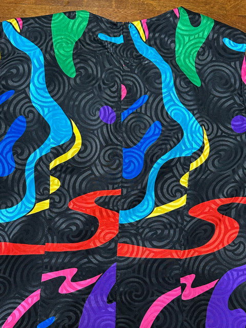 Vintage 80s Black Rainbow Swirly Abstract Blouse (~S)