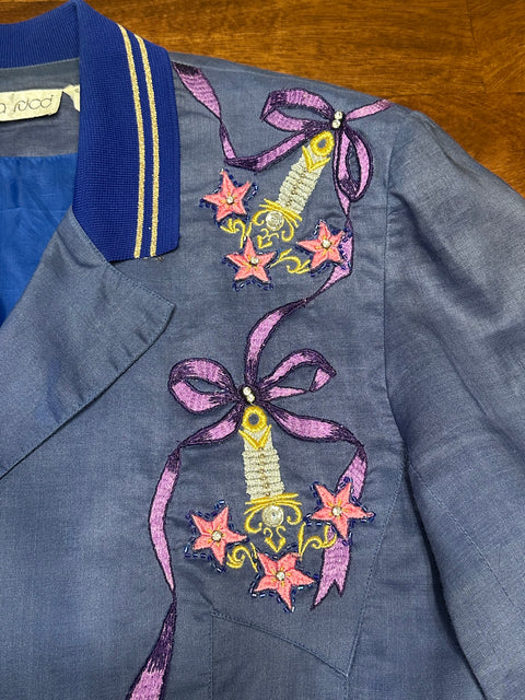 Vintage 80s Pia Rucci Periwinkle Embroidered Art Deco Blazer (14, ~S)