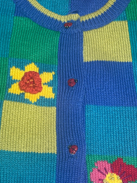 Vintage Checkered Floral Ladybug Knit Sweater (2; S/M)