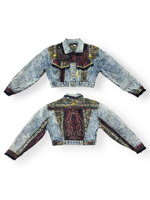 🏆Rare Vintage 80s Acid Wash Denim Brocade Gemstone Cropped Jacket (S/M)