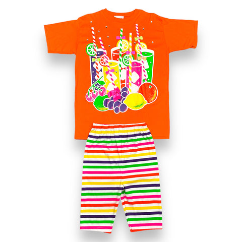 Deadstock Vintage Orange/Striped/Embellished "Fruit + Juice Set"🍊🧃(Kids 14; shirt fits Adult S)