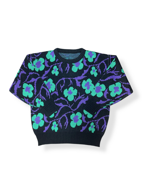 Vintage 80s Teal/Purple Floral Black Sweater (~S)