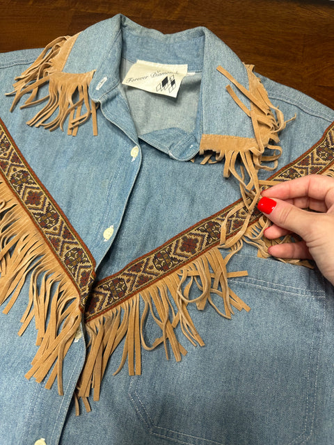 Vintage 80s Western Fringe Denim Rodeo Button-Up (~M)