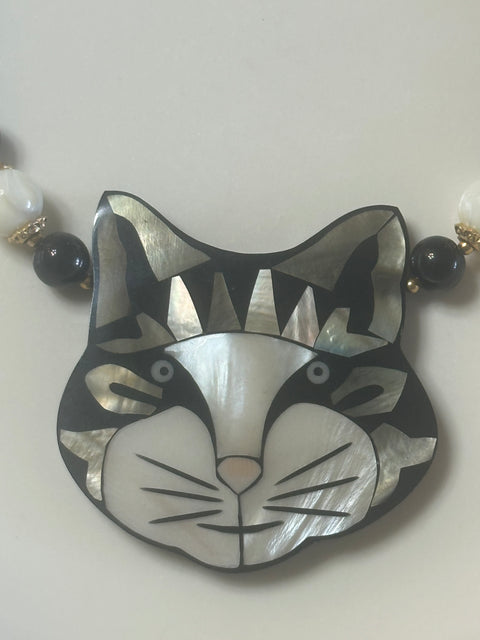 Lee Sands Mother of Pearl Cat Pendant Necklace