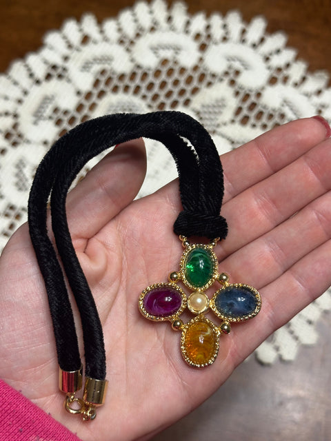 Vintage 90s Black Velvet Cord Necklace w/ Multicolor Jewel Cross Pendant