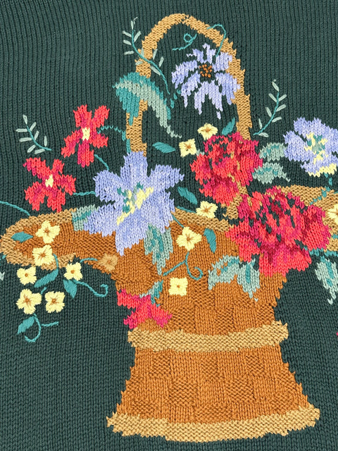 Vintage 80s Green Floral Basket Knit Cardigan Sweater (~2X)