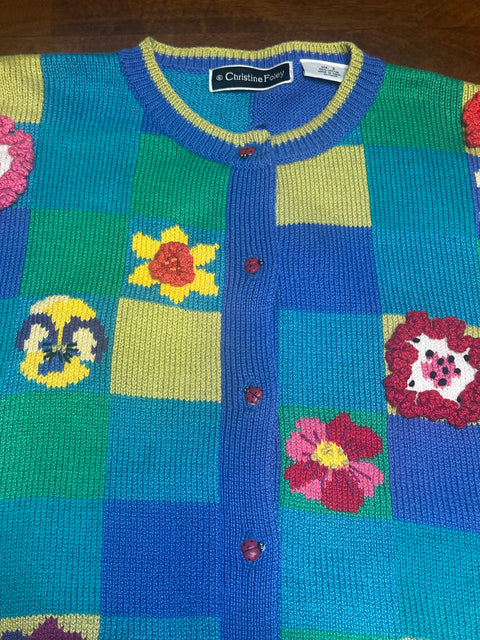 Vintage Checkered Floral Ladybug Knit Sweater (2; S/M)