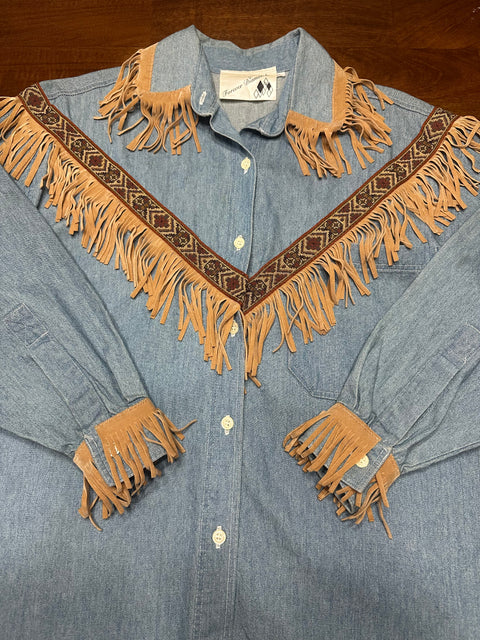 Vintage 80s Western Fringe Denim Rodeo Button-Up (~M)