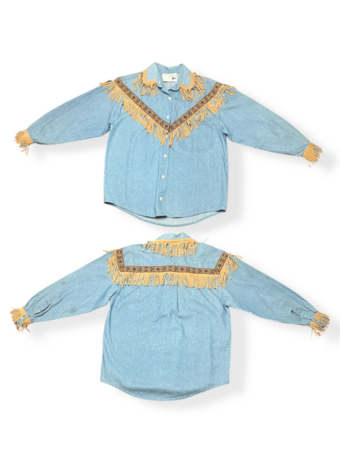 Vintage 80s Western Fringe Denim Rodeo Button-Up (~M)