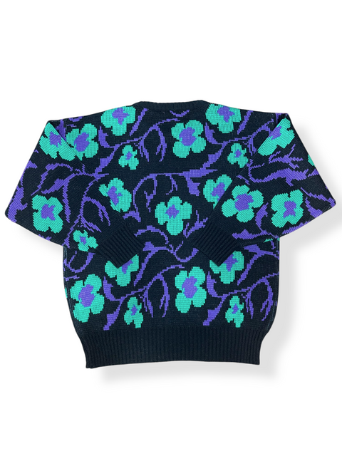 Vintage 80s Teal/Purple Floral Black Sweater (~S)