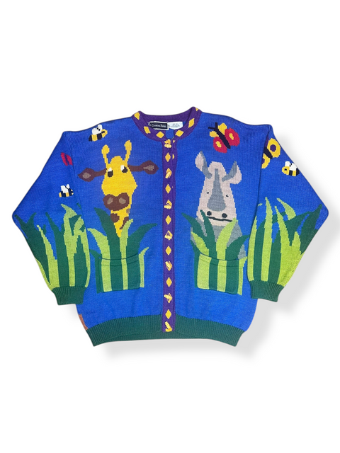 Vintage Wild Jungle Safari Animals Knit Zoo Sweater (3; S/M)